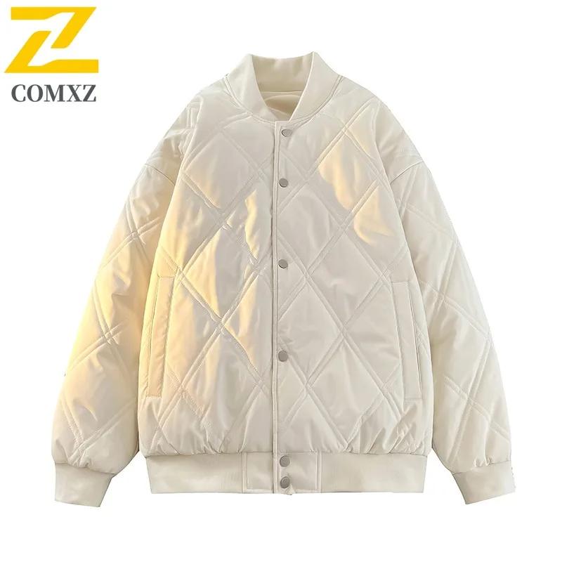 COMXZ 2025 Mens Womens Winter Duck Down Baseball Collar Puffer Jacket Korean-Style Warm Cotton-Padded Solid Color Casual Coat
