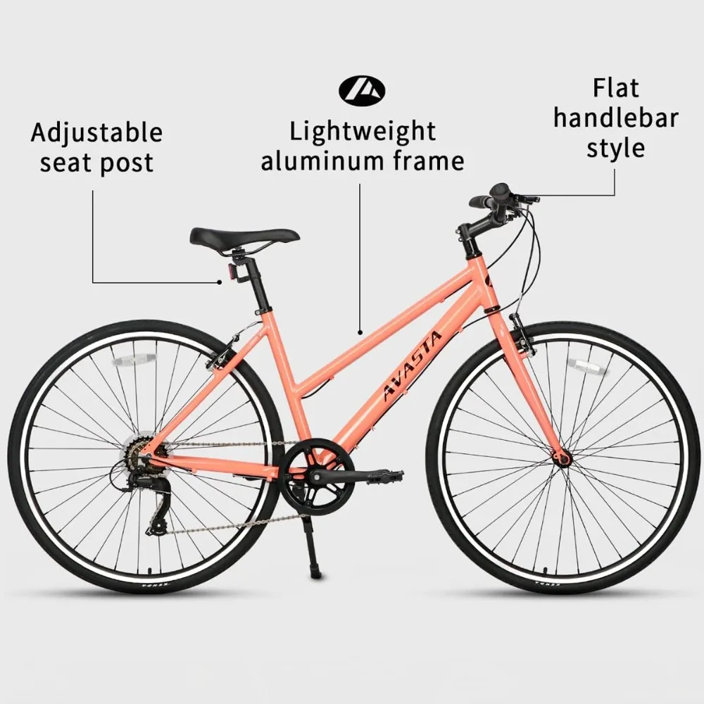 Populus Road Hybrid Bike for Women with Kickstand, Lightweight Step Through 700c Aluminum Alloy Frame, 7-Speed Drivetrain