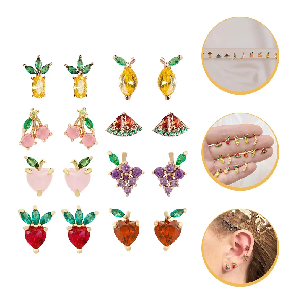 

8Pairs Tropical Fruit Earrings Creative Design Ear Studs for Women Girls Trendy Makeup Matching Jewelry Fruit Earrings