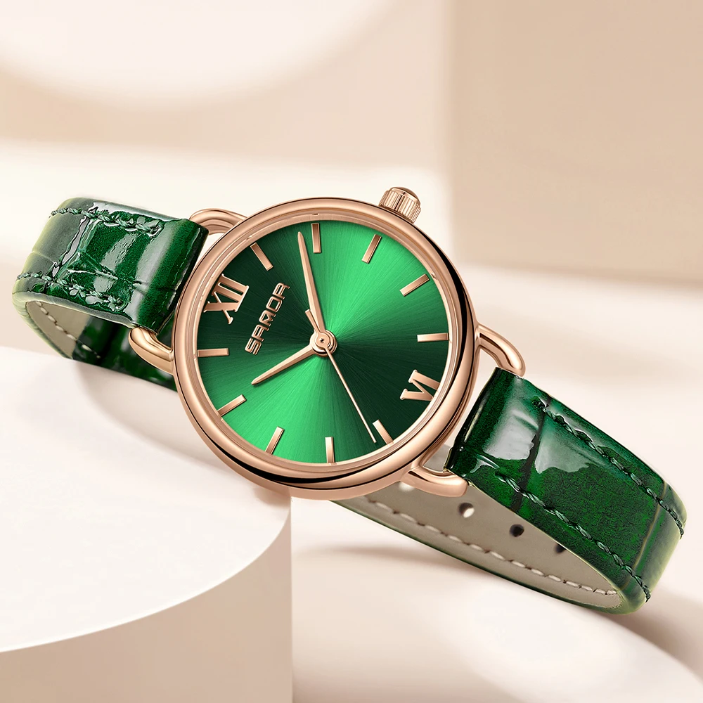 Luxury Quartz Watch for Women Simple Green Woman Watches Brown Leather Band Gifts Charming Rhinestones Women's Wristwatch Reloj