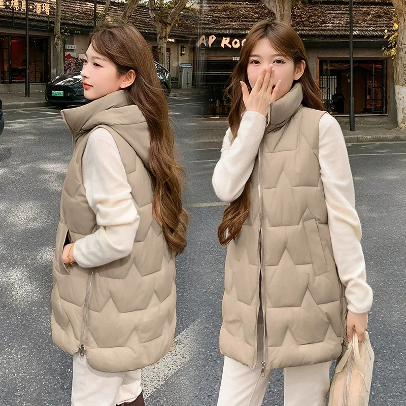 

New Down Cotton Vest Jacket Women Mid-Long Hooded Sleeveless Waistcoat Parkas Loose Vest Overcoat Female Autumn Winter Jacket