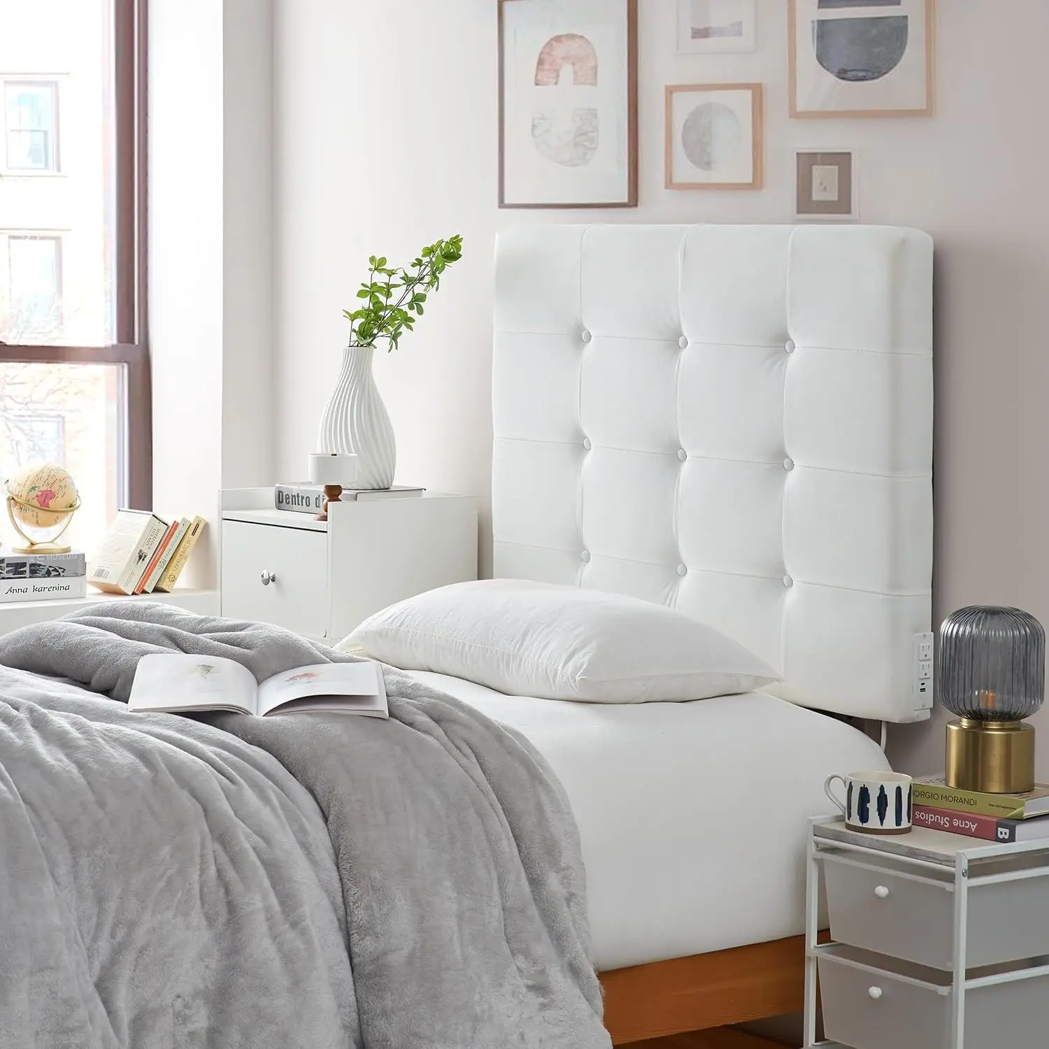 Tufted Plush Headboard with Right Side Outlet & Legs, Customized