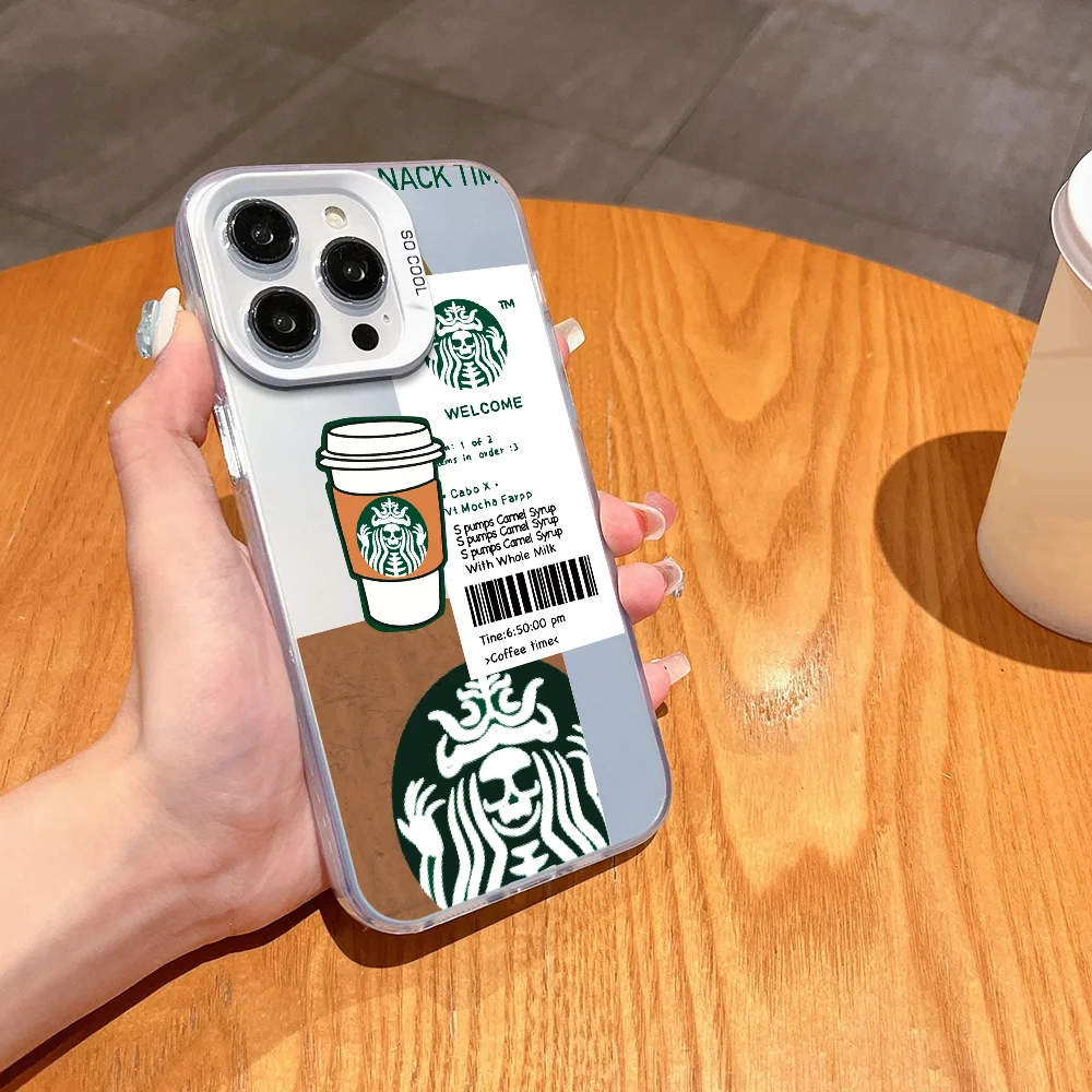 حافظة هاتف ماركة S-Starbucks FUNDA لهاتف iPhone 12 11 13 14 15 16 Max Pro Plus Mini Silver