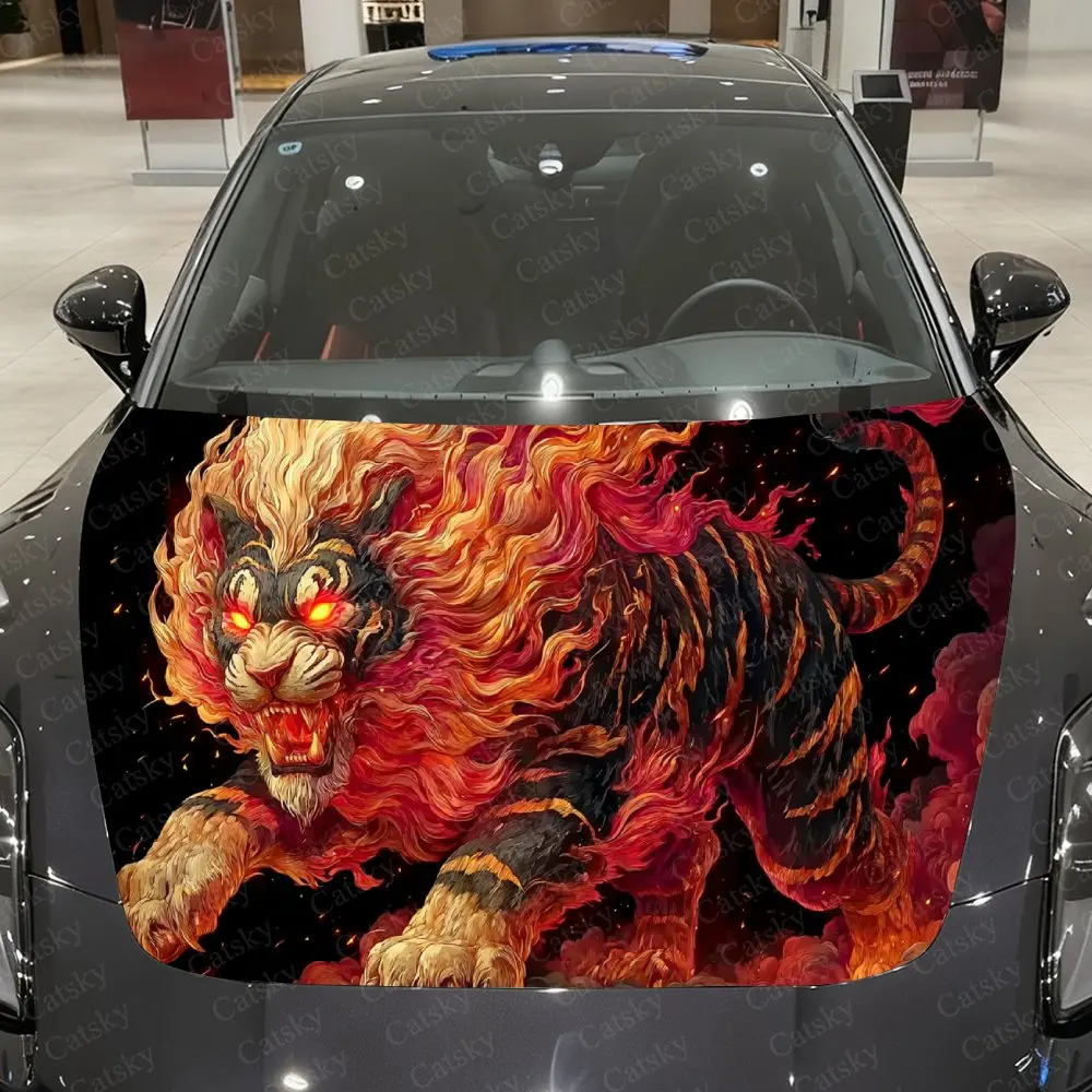 Flame-Mane Tiger Car Vinyl Wrap, PVC Waterproof Car Hood Sticker, Self-Adhesive Scratch-Resistant Stickers for Engine Cover