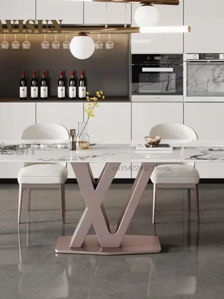 

Модная кухонная мебель, прямоугольная каменная плита, настольный обеденный стол, стальной каркас, фиолетовая отделка, мраморный обеденный стол, 6 человек