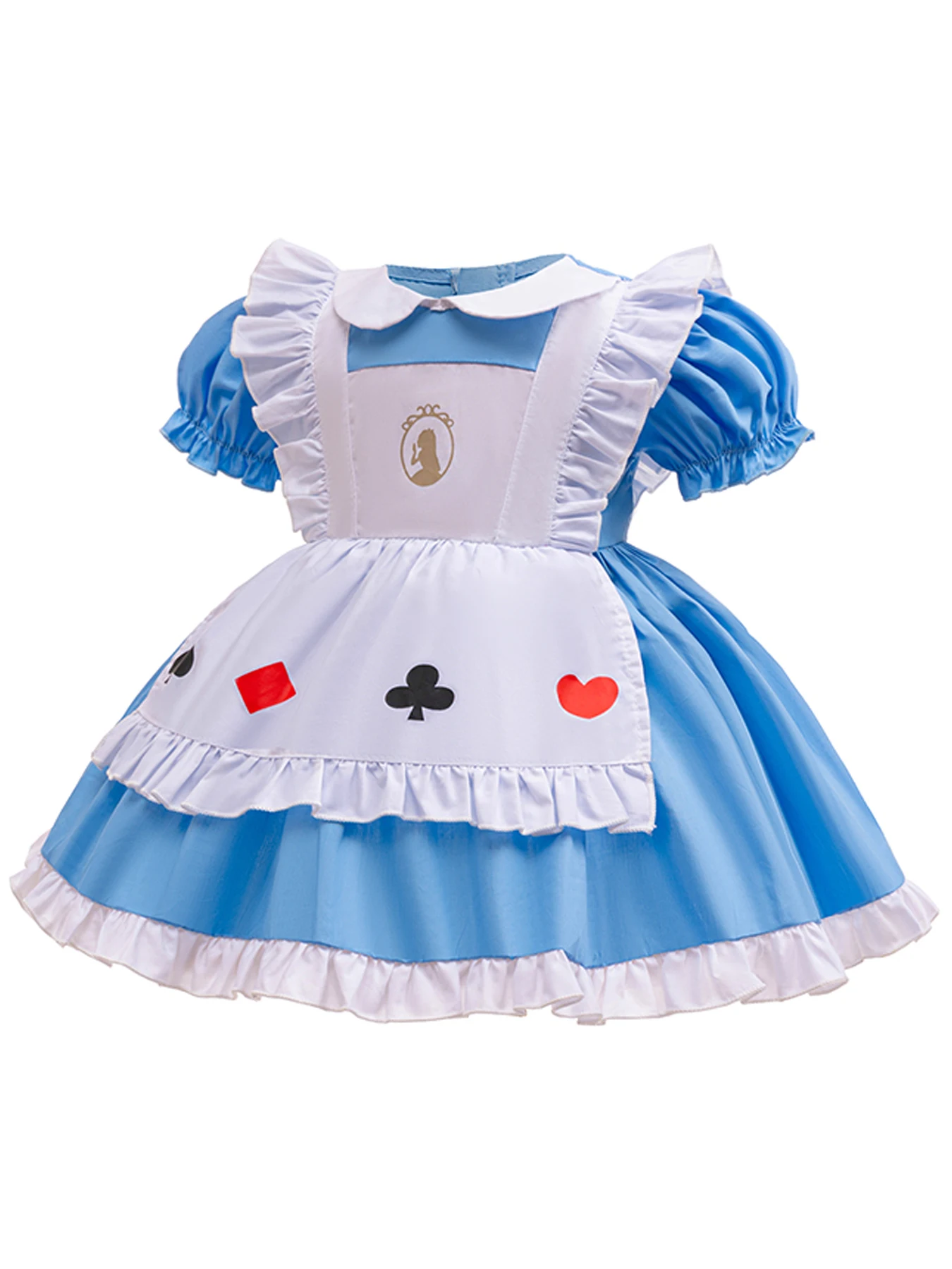 Three-piece baby girl Halloween theme blue short-sleeved dress with poker print for parties, birthdays or photo shoots