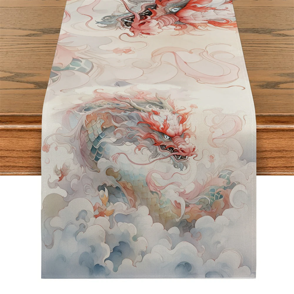 1PC  Polyester Table Runner Chinese Style Dragon Watercolor Table Runner Colorful Dragon Table Cover Holiday Desktop Chinese