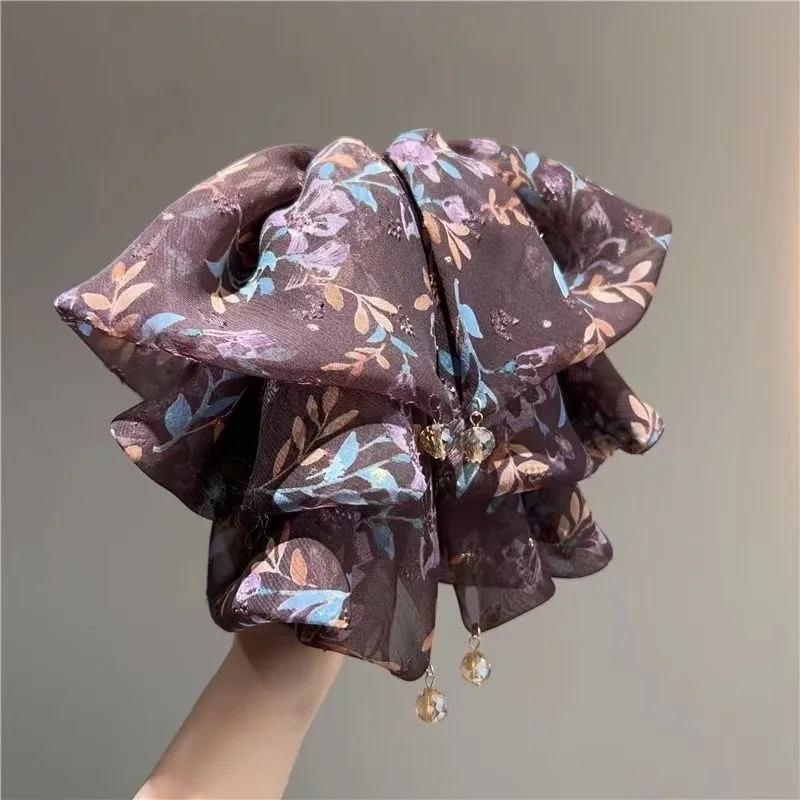1pc ultra-faia floral laço malha rabo de cavalo garra clipe meio-up acessório de cabelo moda malha hairgrip para parte de trás da cabeça