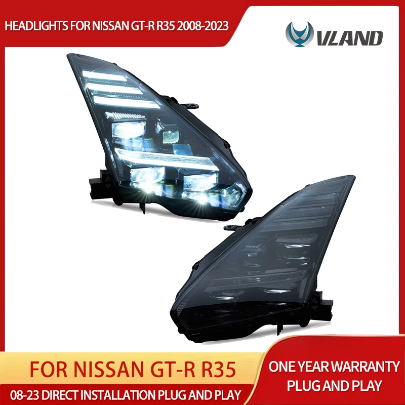 VLAND 2008-2023 GT-R R35 LED Projector Headlights DRL Sequential Turn Signal Front Lamps Pair Set of 2