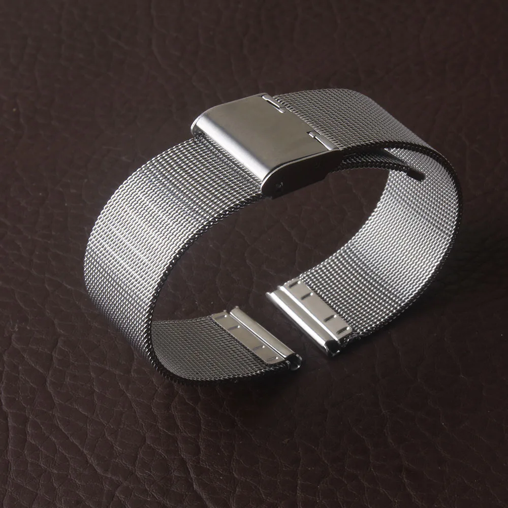 Pulseiras de relógio prateadas 10mm-24mm, ultrafinas, malha de aço inoxidável completa, pulseira de relógio de pulso para homens e mulheres, fecho de segurança, acessórios de relógio