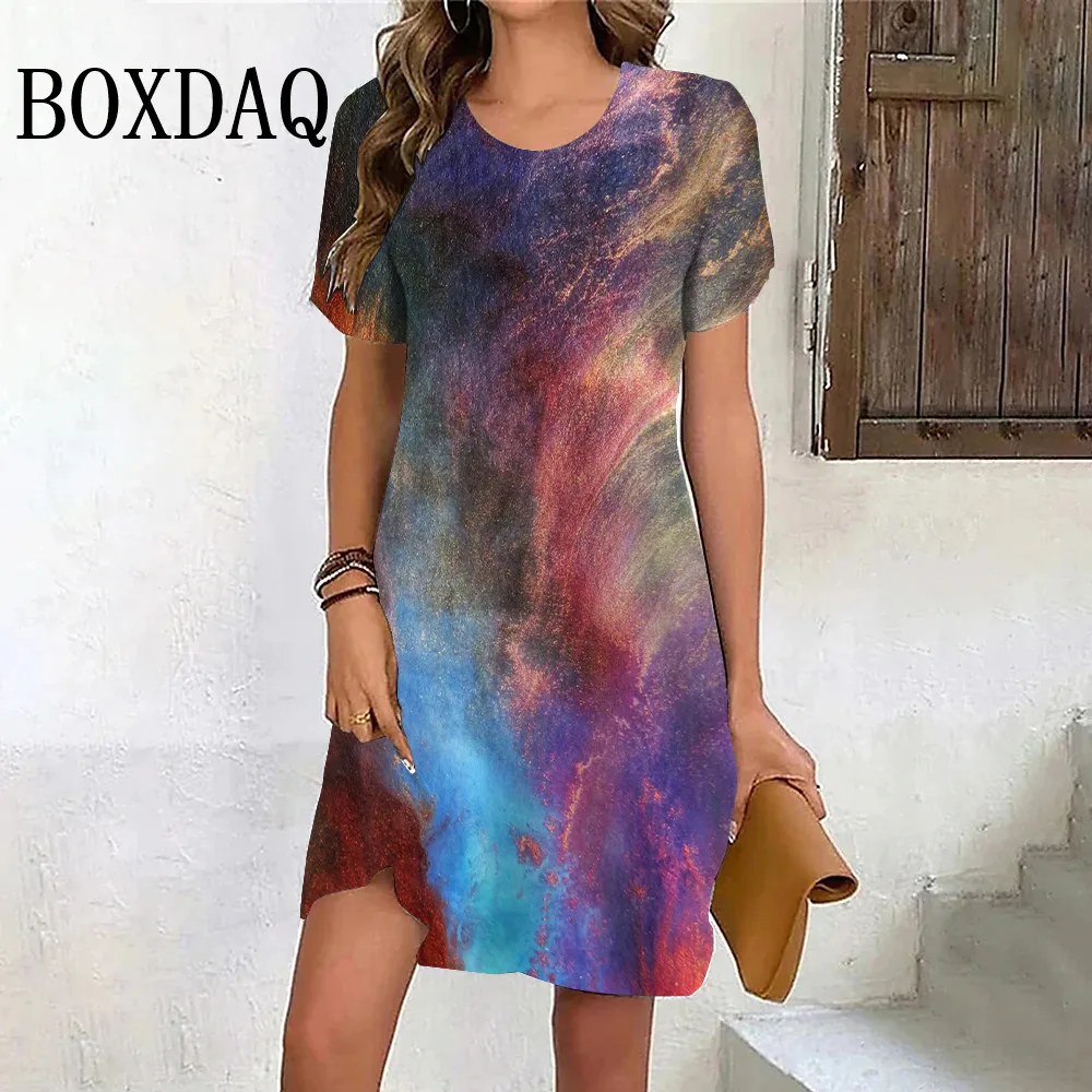 

Tie Dye Starry Sky Pattern Women Dress 3D Print Fashion Short Sleeve Casual Pullover Ladies Dress New Summer Loose A-Line Dress