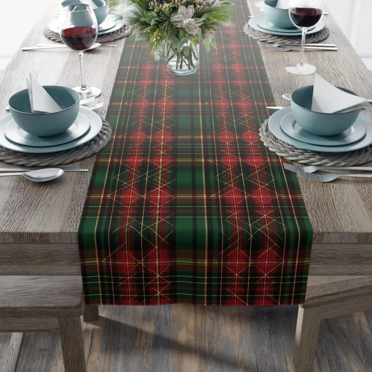 Traditional Scottish Tartan Printed Table Runner, soft linen material for Christmas festive farmhouse home table layout decor