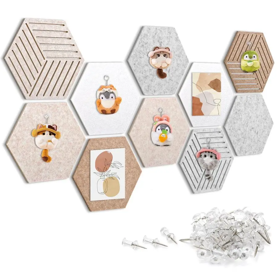 

Hexagon Cork Board Tiles 10 Pack Cute Felt Bulletin Boards with 30 Push Pins, 12x10 Small Adhesive Pin Display Board Decorative
