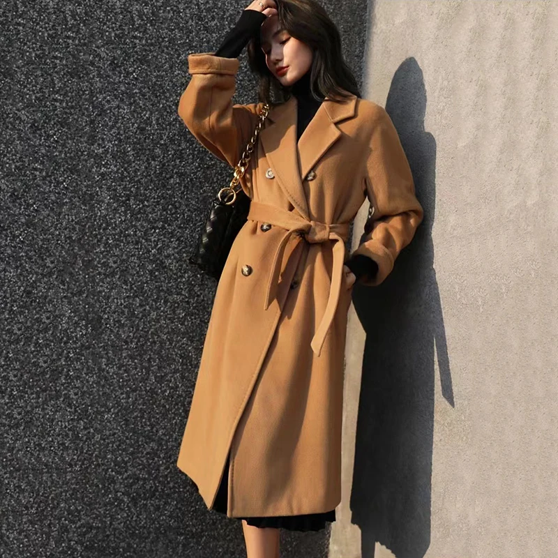 Winter Fashion Faux Woolen Coats Women Korean Elegant Solid Thick Belt Long Jacket Y2K Ladies Loose All Match Blends Outwear New