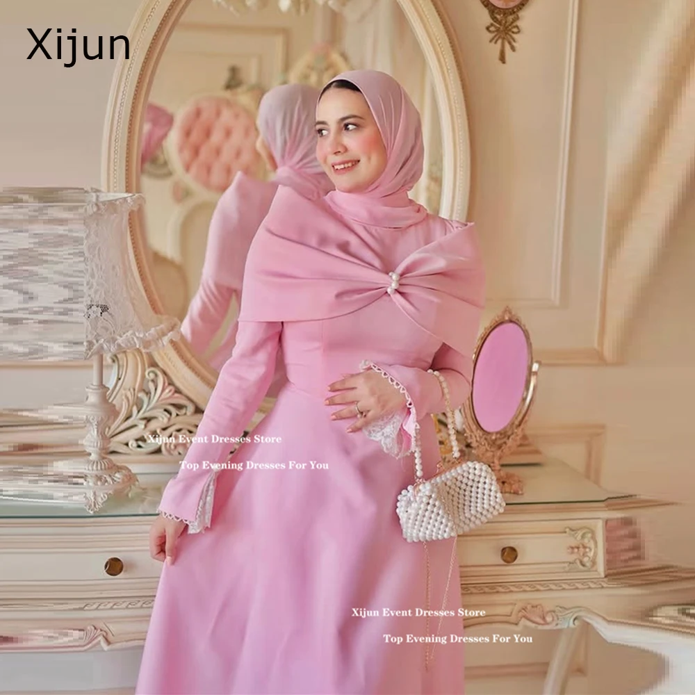 

Xijun Blush Pink Modest Evening Dresses Muslim Long Sleeves Ankle Length Prom Dresses Bow Pearls Prom Gowns 2025 WomenCustomized