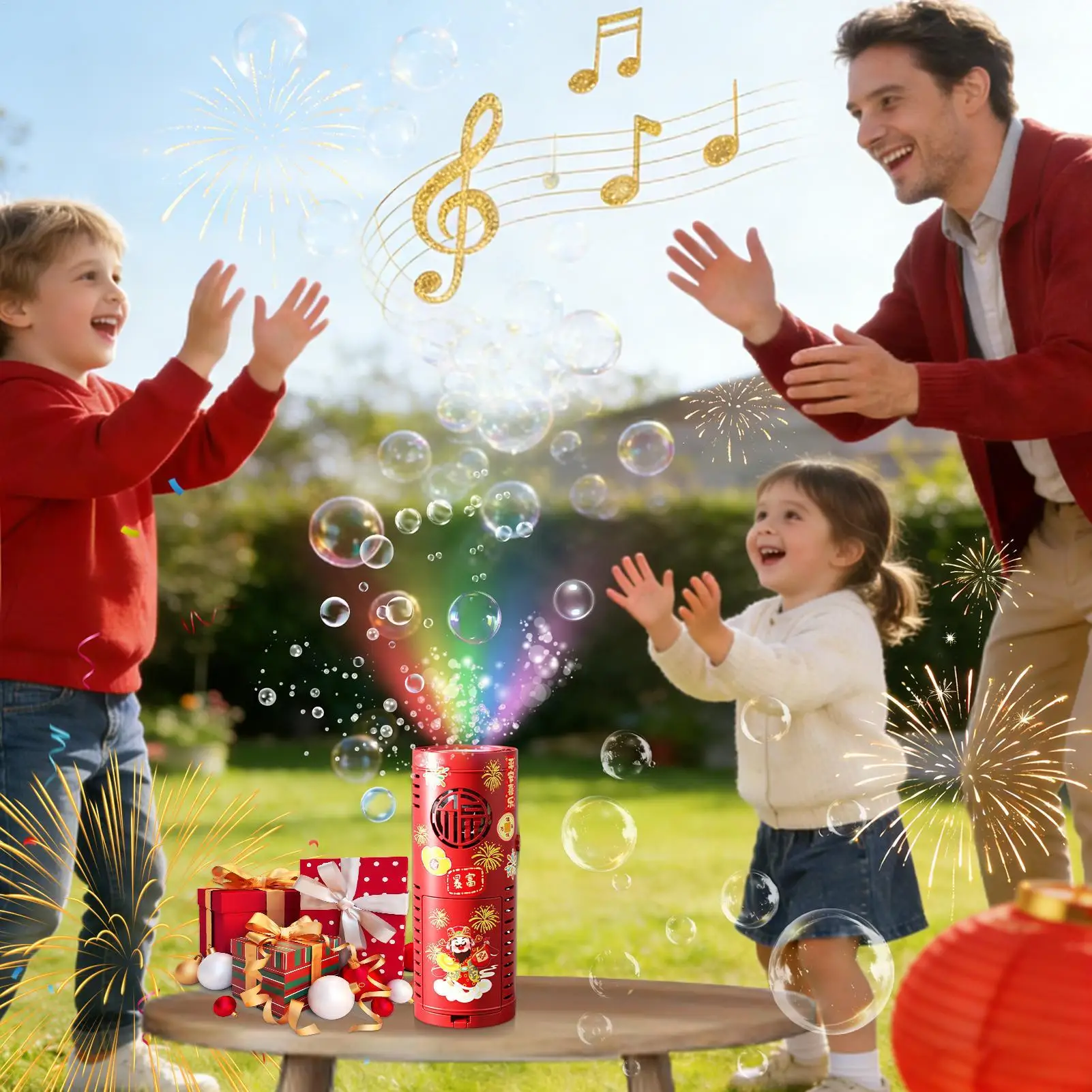 Macchina per Bolle di Sapone a Fuochi d'Artificio, Soffiatore Portatile da Terra, Elettronico Automatico, Regalo per il Capodanno e il Festival delle Primavera