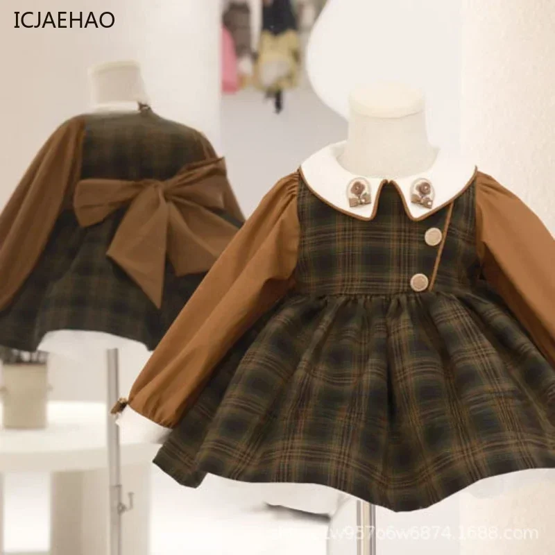 فستان بناتي منقوش لعام 2025 فستان بناتي منقوش للربيع أزياء كورية بأكمام طويلة ملابس أميرات أنيقة #2