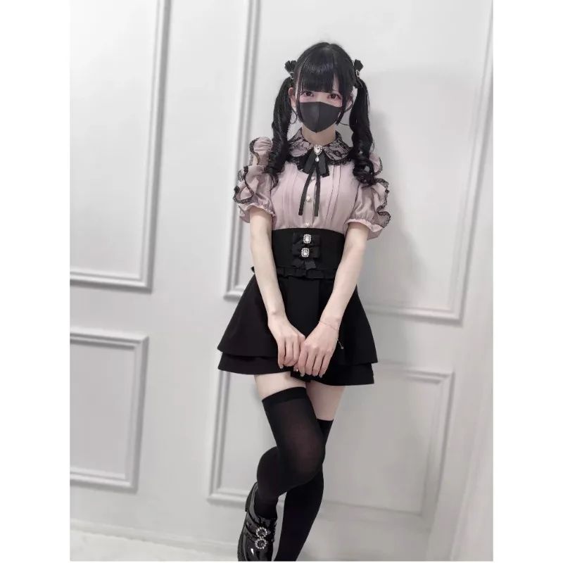 Lolita Off-the-shoulder Lace Bow-embellished Short-sleeved Top Blouse Mass-produced Mine Series Single-breasted Shirt For Women