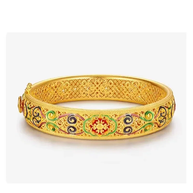 

9999 real gold 24K yellow gold Dragon and Phoenix Chengxiang Enamel Bracelet Open Bracelet Women's Elegant Bracelet