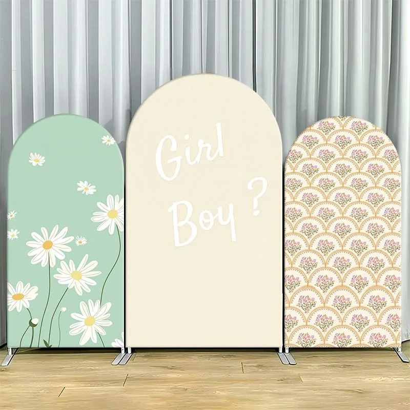 

Single Side Arch Backdrop Cover Elegant Arched Party Backdrop Set Featuring Floral Green Panel Daisies Cream Center with Girl
