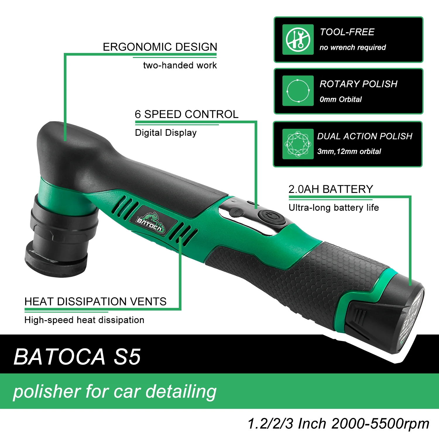 BATOCA S5 Cordless 12V Mini Car Polisher Detailing Wireless Car Polishing Machine 1/2/3 Inch Pads Kit For Auto Waxing