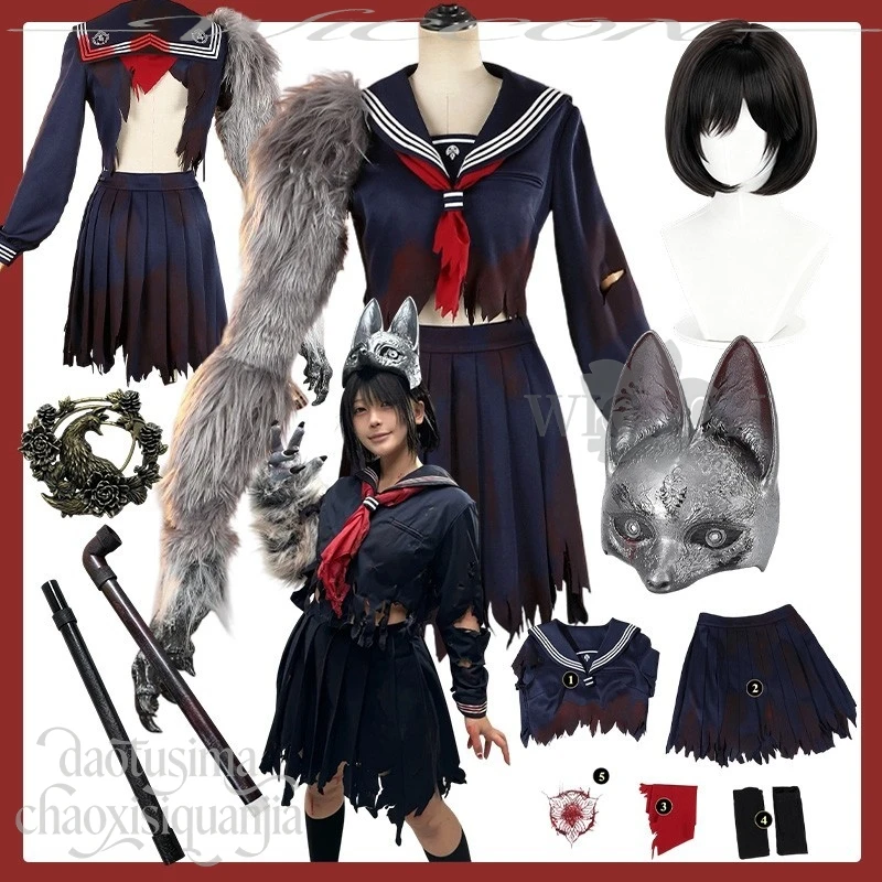 Hinako Horror Game F Anime Cosplay Kostüm Japanische Schuluniform JK Kleid mit pelzigen Pfote Requisiten Fuchs Maske Brot Tattoos Halloween
