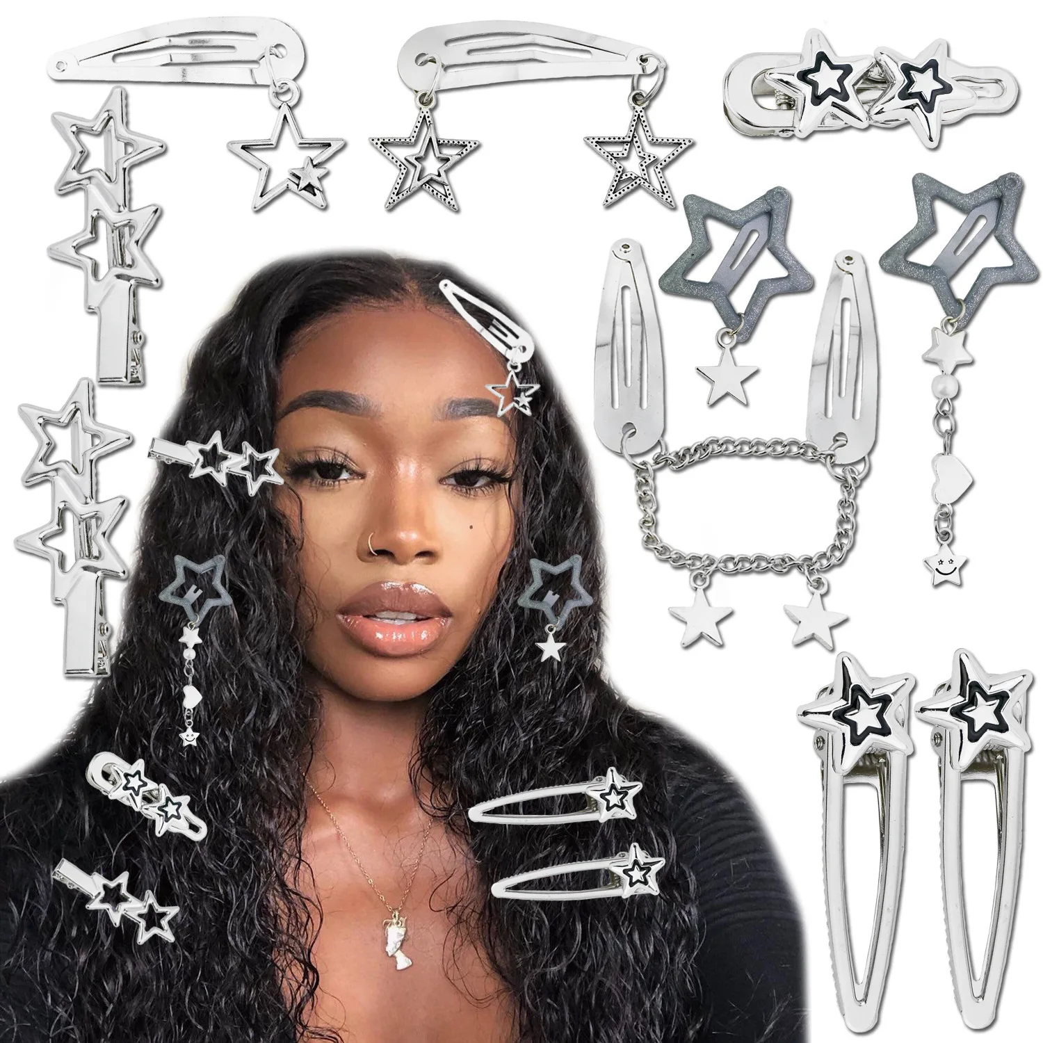 10pcs/bag Gothic Trend Star Hair Clips Dreadlock Hair RingsHair Chains Hair Accessories Set