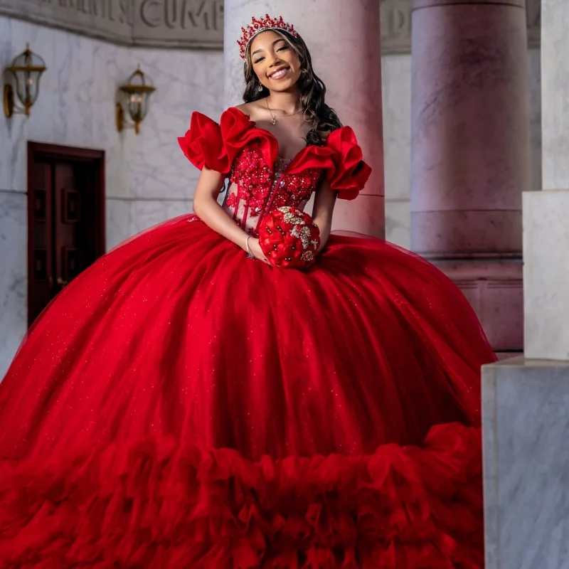 

Red Quinceanera Dresses Off the Shoulder Crystal Decal Glitter 3D Flower Layering Long tail Bow Vestidoe 15 Quinceanera Customiz
