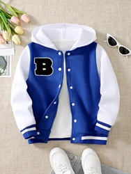 1pc Tween Boy Casual Sports Embroidered Letter Colorblock Fleece Hoodie Jacket, Autumn/Winter