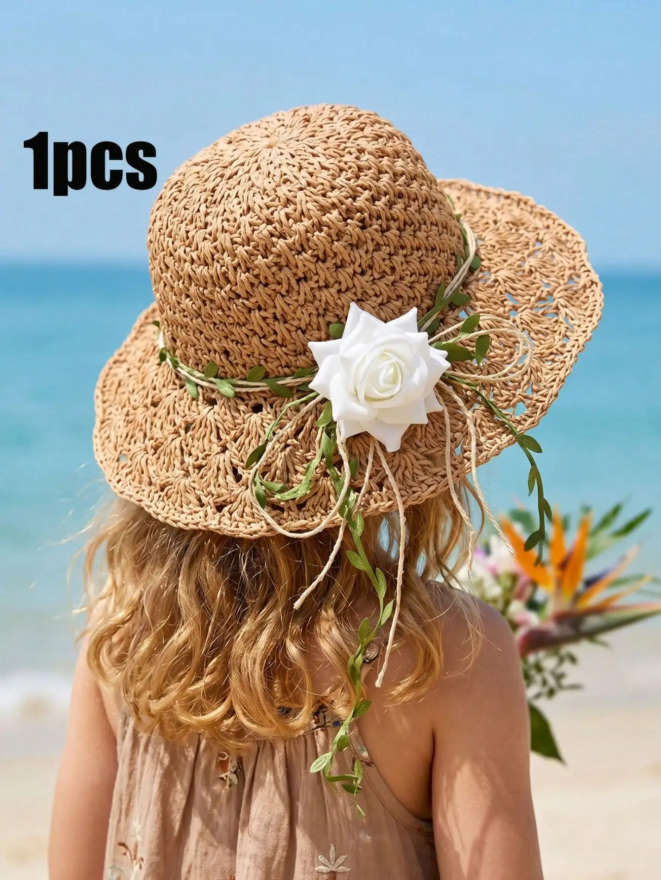 

1Pc 4-10Y Girls White Flower Hand Woven Foldable Straw Hat Summer Outdoor Sun Hat