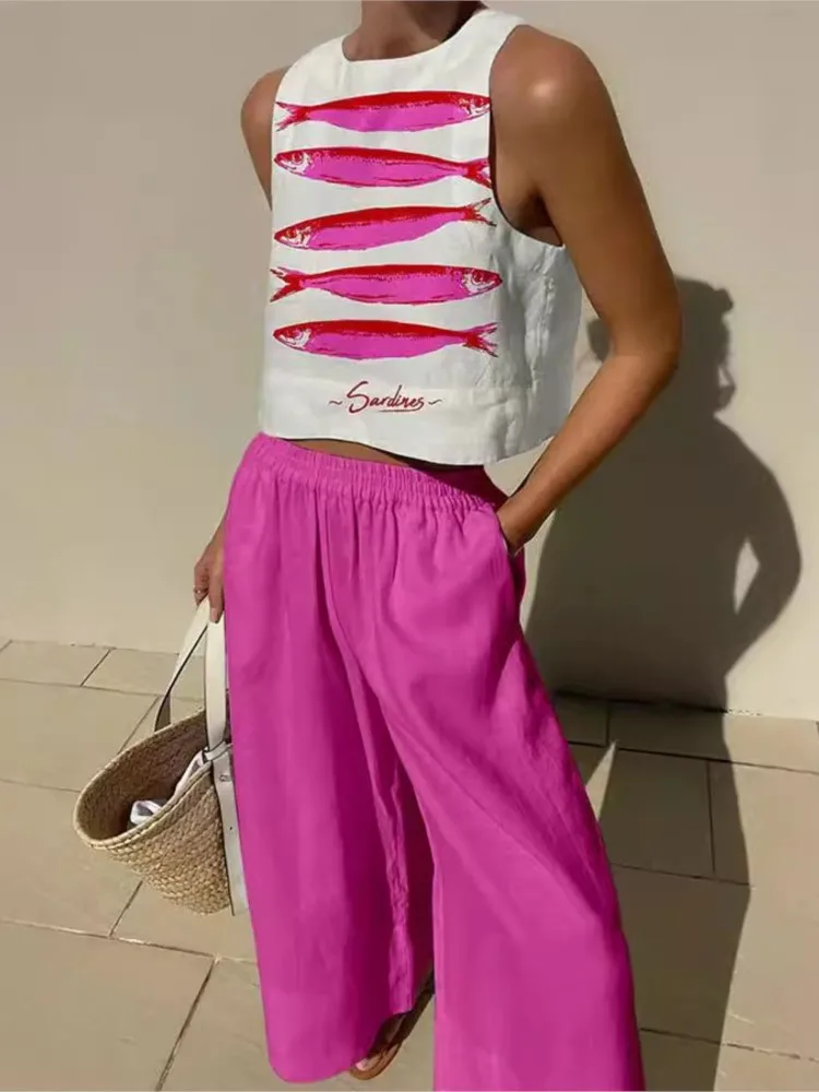 

Summer Print Set Lady Casual O Neck Sleeveless Pullover Tops+Wide Leg Pants 2 Pieces Set For Woman Holiday Beach Womens Clothing