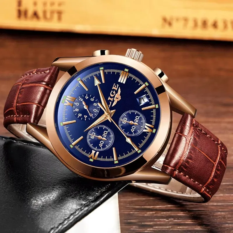 ساعة LIGE كوارتز للرجال كرونوغراف متعددة الوظائف مقاومة للماء وحزام جلدي مضيء مقاومة للماء ساعة عمل فاخرة للرجال