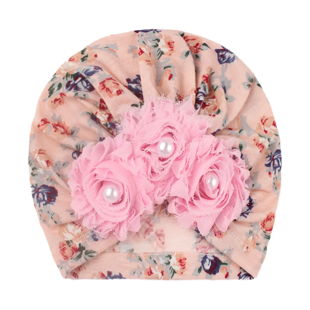 Baby Hat Sweet Floral Print with Lace Flower Decor Infant Toddler Soft Skin-Friendly Turban Head Wraps Cute Hair Accessories