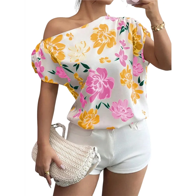 

A83F-Women's Off The Shoulder Short Sleeve Tops Ruched Floral Print Summer Blouse