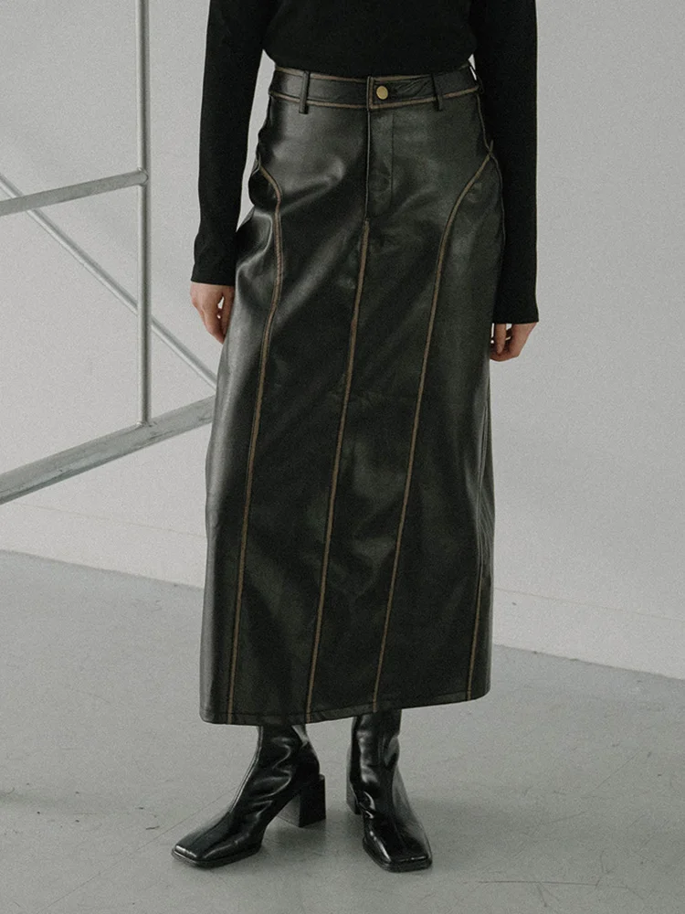 

Queenop Autumn Winter Women's Retro Line Splicing Leather Long Skirt mid Waist Straight Tube H-Line Pure Color Polyester