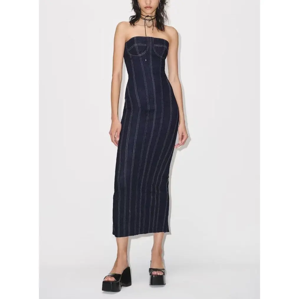 Spring New Style Sexy Slim Fit Midi Denim Dress for Women Straight Collar Tube Top City Commute Polyester Fiber H Version