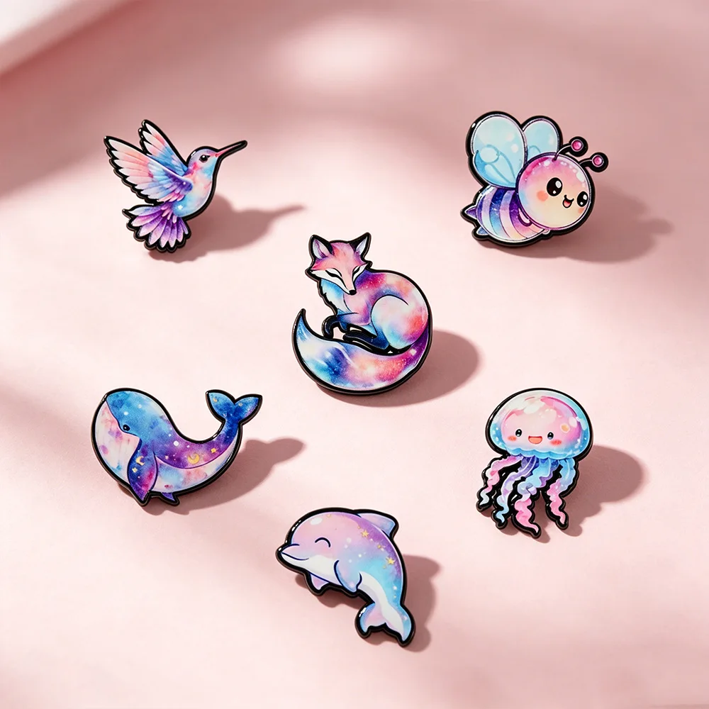 6Pcs Cute Jellyfish Dolphin Galaxy Animal Enamel Cartoon Girls Women Lapel Brooch Badge Jewelry For Backpack Gift For Friends
