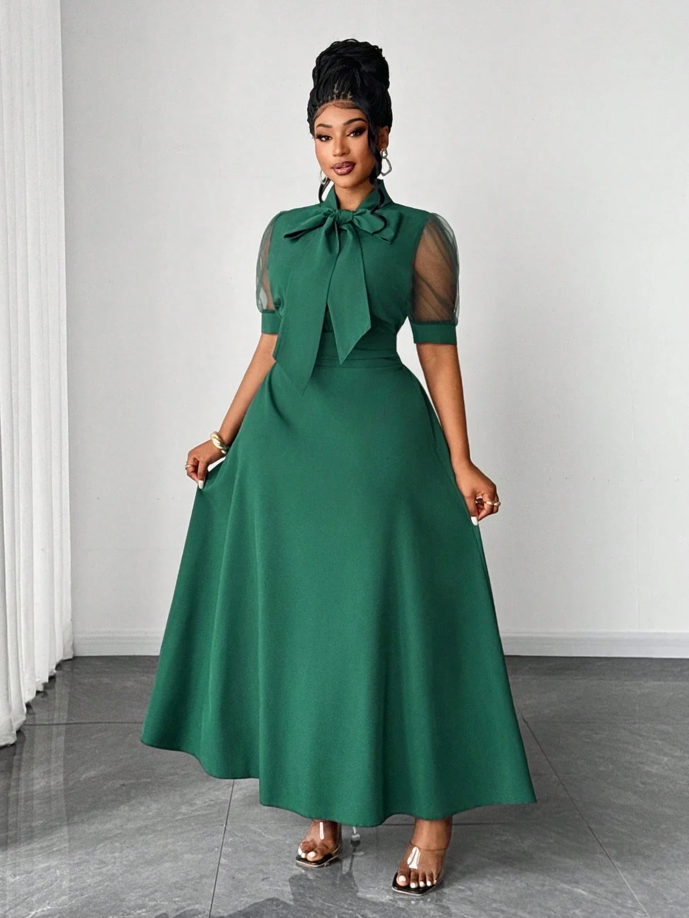 

Элегантное зеленое длинное платье А-силуэта с бантом на горловине и сетчатыми рукавами для женщин