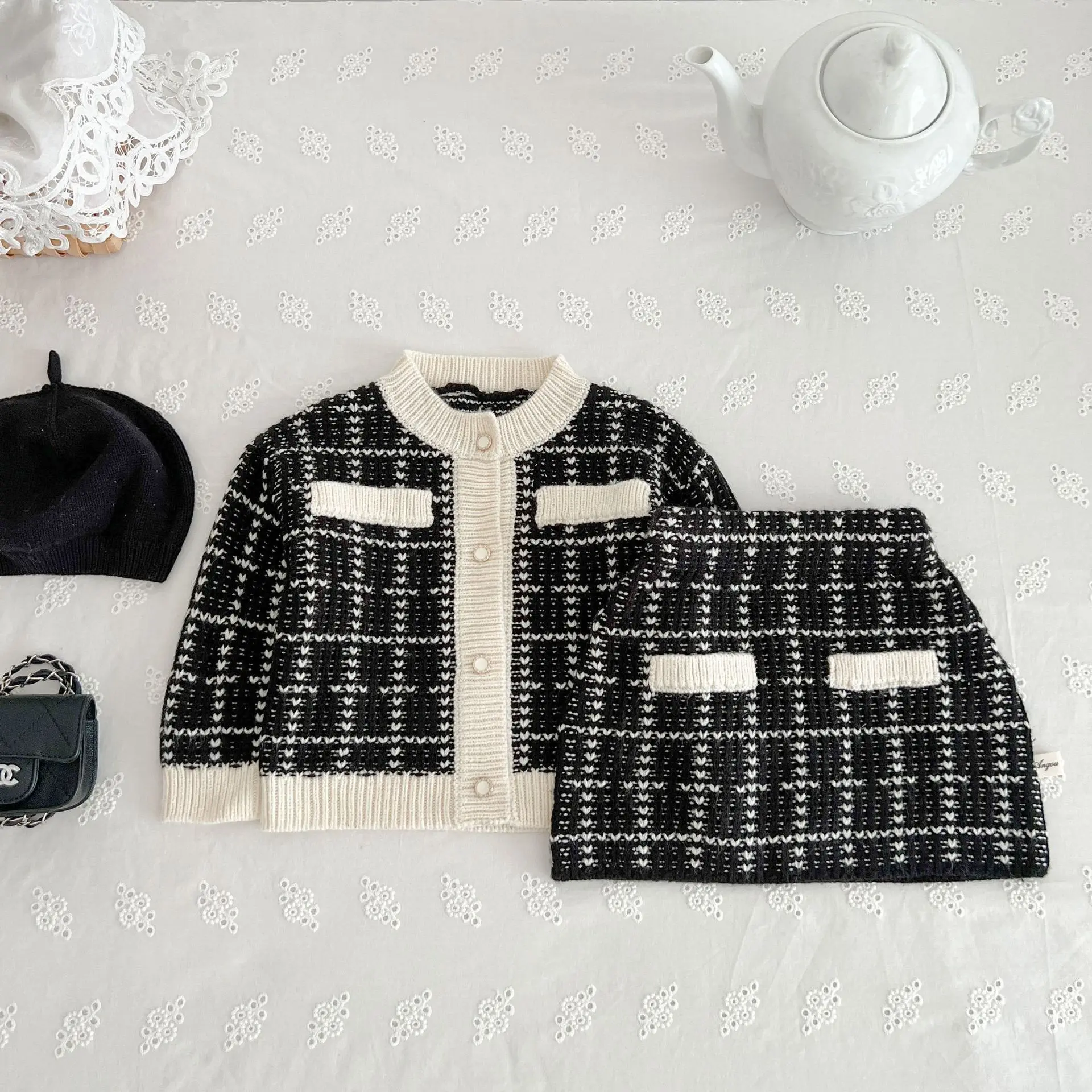 2024 Korean Ins Autumn Baby Girl 2PCS Clothes Set Small Fragrance Style Knitted Long Sleeve Coat Skirt Suit Toddler Girl Outfit