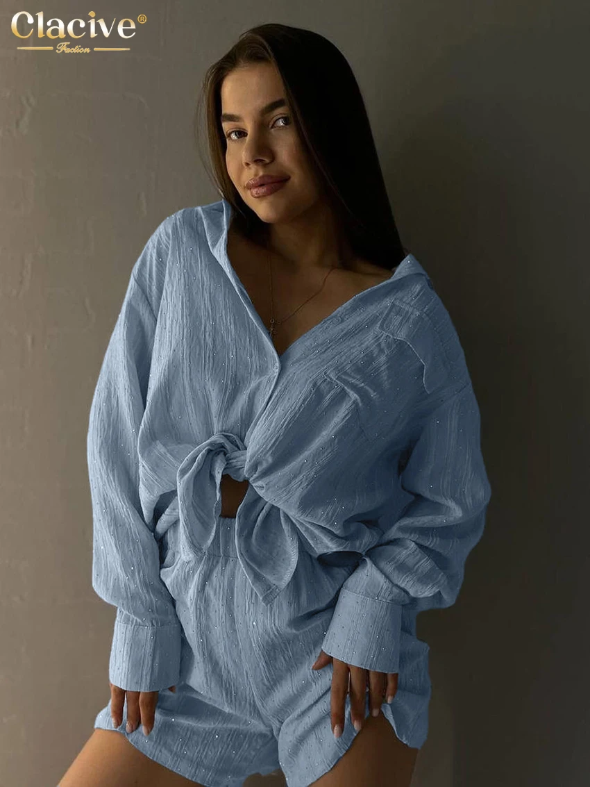 

Clacive Fashion Loose Blue 2 Piece Sets Woman Outfit Elegant Long Sleeve Shirt With High Waist Shorts Set Female Streetwear