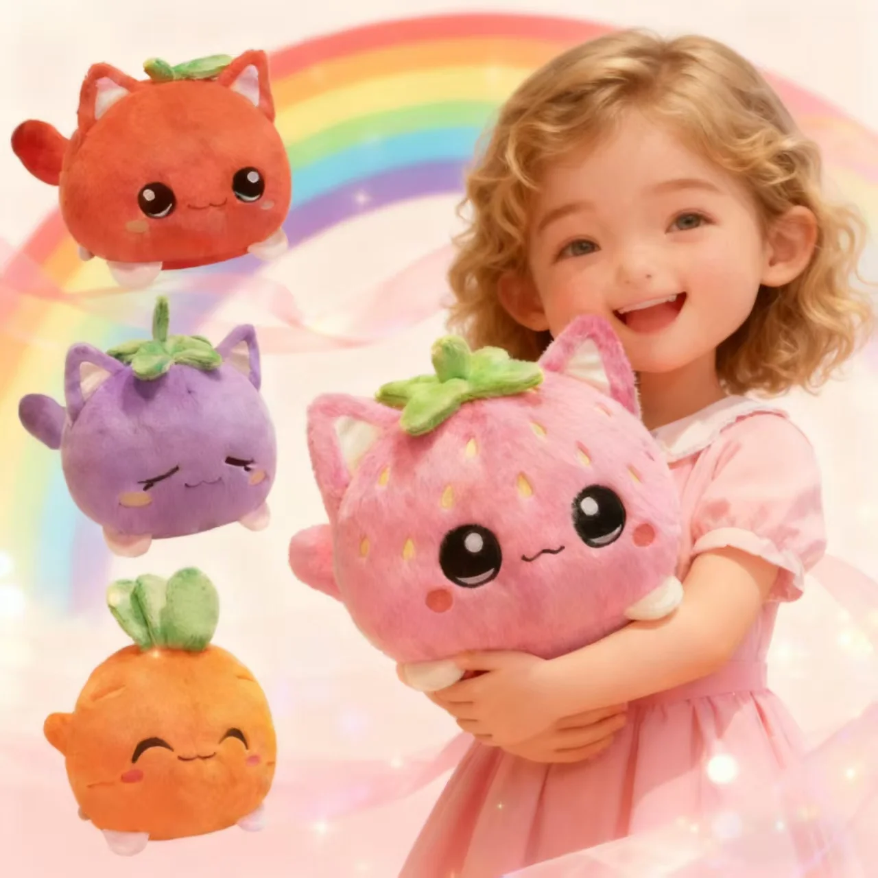 Sweet Lovely Strawberry Kitten Ball Plush Toys Soft Pink Apple Eggplant Cat Doll Bags Hanging Toys Funny Desktop Decor Gift