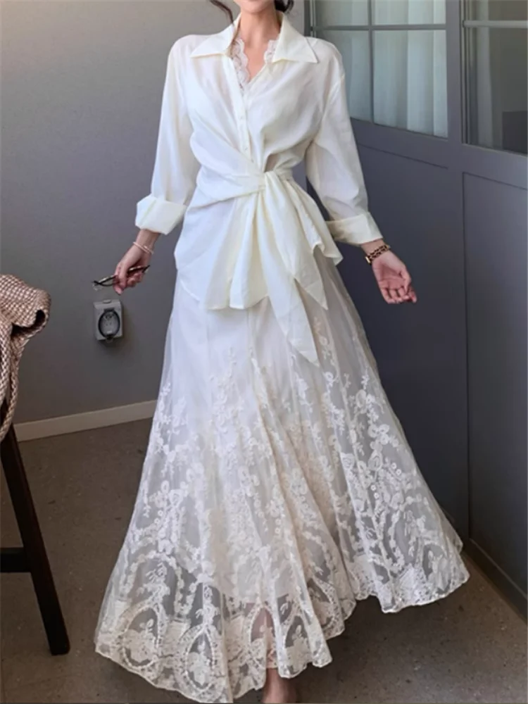 

Casual 2 Piece Sets Long Sleeve Slim Fit Strap Casual Shirt&lace Embroidery Long Skirt Suits Holiday Beach Summer 2pc Maxi Dress