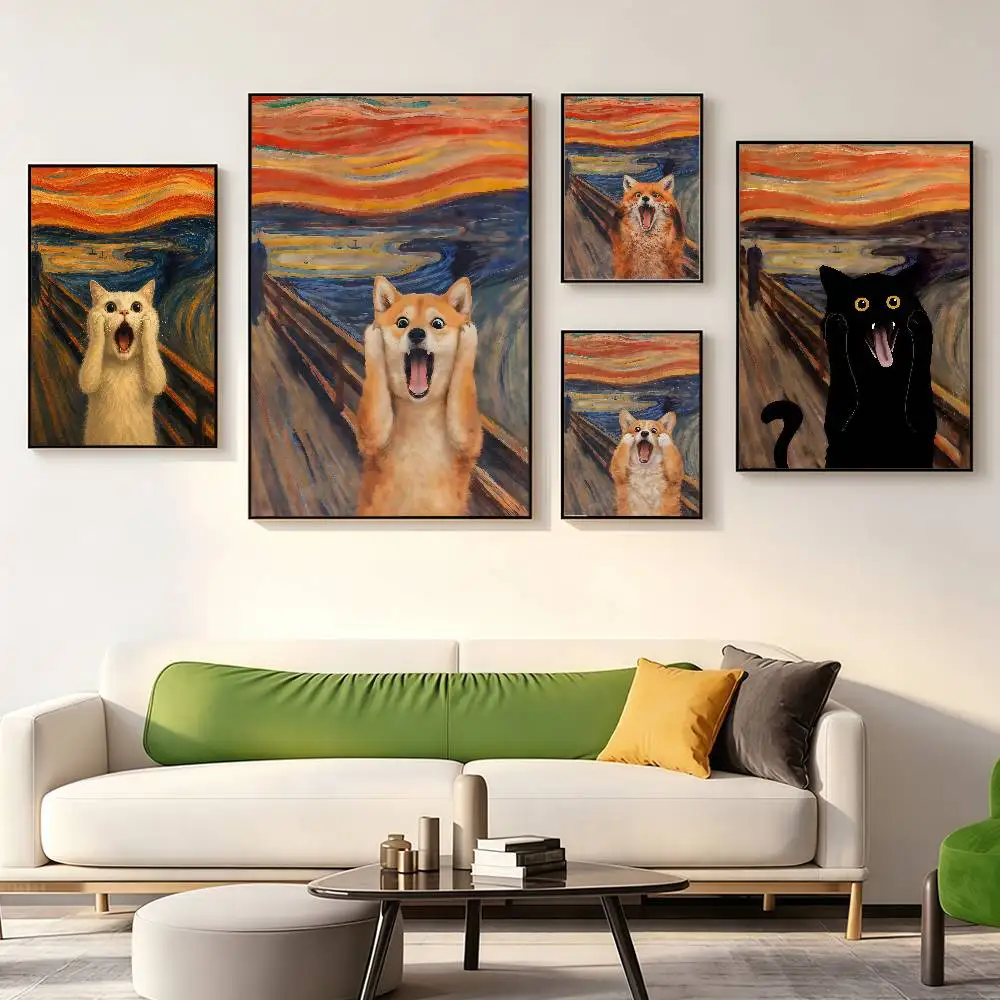 Funny Animal Scream Poster Classic Art Parody Pet Wall Art Cat Dog Fox Raccoon Print Home Decor Gif