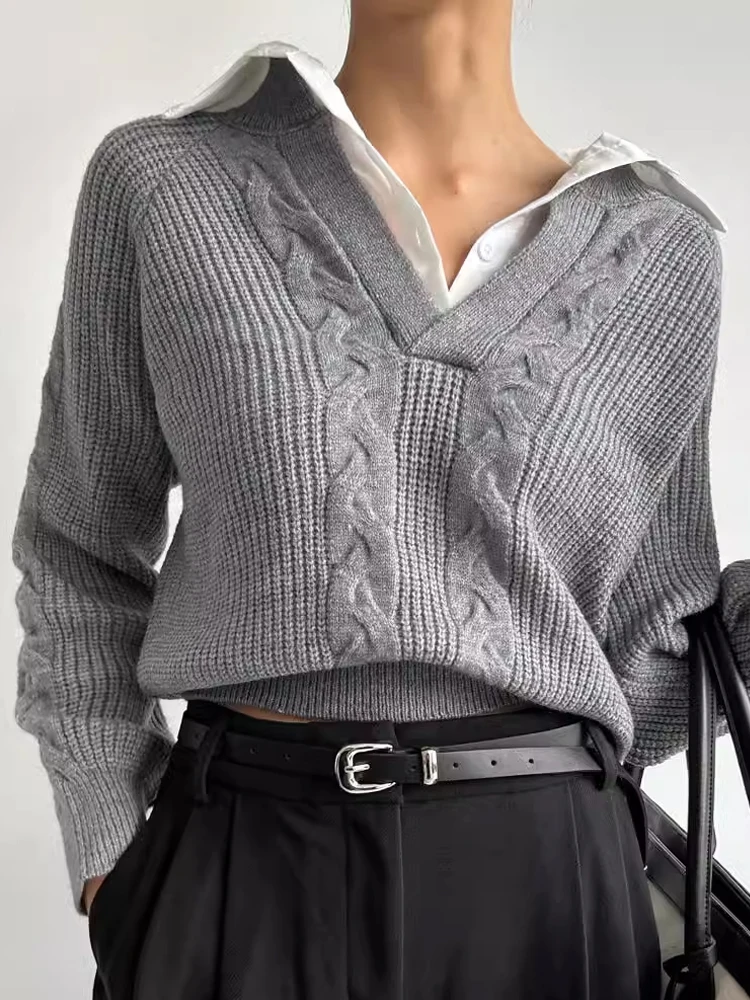 

Spring 2024 Women's Knitted Sweater Long Sve V-Ne Two-Piece Patchwork Design Casual Commute Warm Thiened Camere Loos...