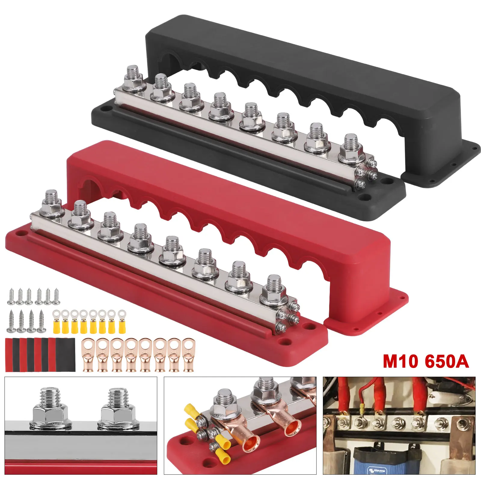 24V 600A Terminal Block 24V Power Distribution Block M10 Termianl Bus for Automotive Boat Car Terminal Block Negative Bus Bar