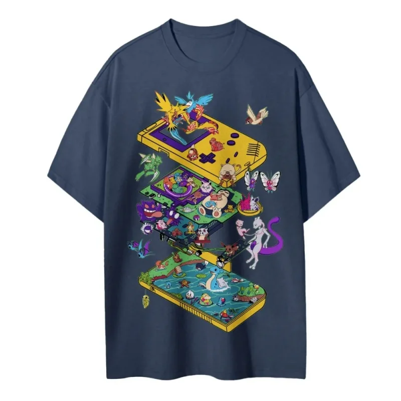 2026 Zomer Pokemon Retro Game Console Cartoon Print T-shirt, 100% katoen losse T-shirt voor koppels en gezinnen voor reizen, spelletjes en sport