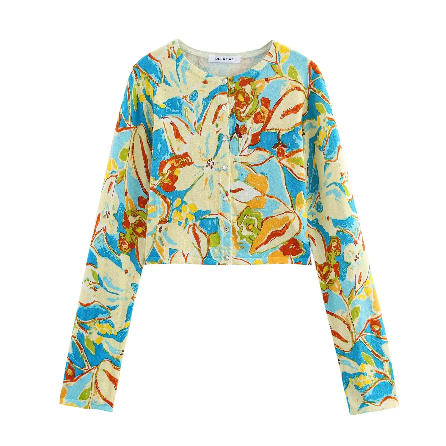 

ZBZR Spring New Women's Faion Knitted Jaet Long Sve round Ne Printed Sli Outerwear Polyester Fiber ort Length