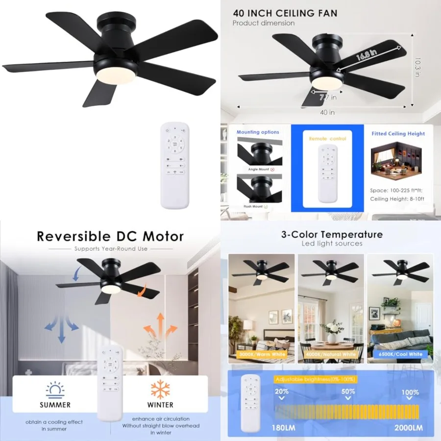 Ceiling Fan with Light and Remote, Low Profile Flush Mount Ceiling Fans, Quiet Reversible Motor, 3-Color Dimmable LED, Modern I