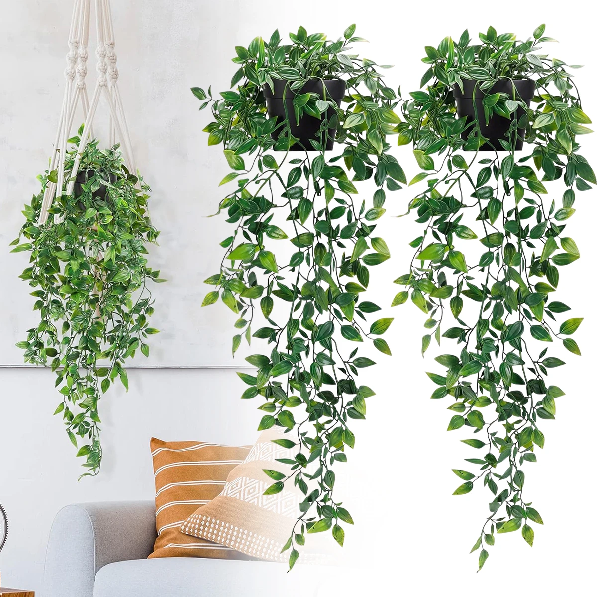Juego de 1/3 Plantas Artificiales Colgantes, Guirnalda de Perlas, Helecho en Macetas para Estante, Baño, Dormitorio, Decoración Boho para el Hogar