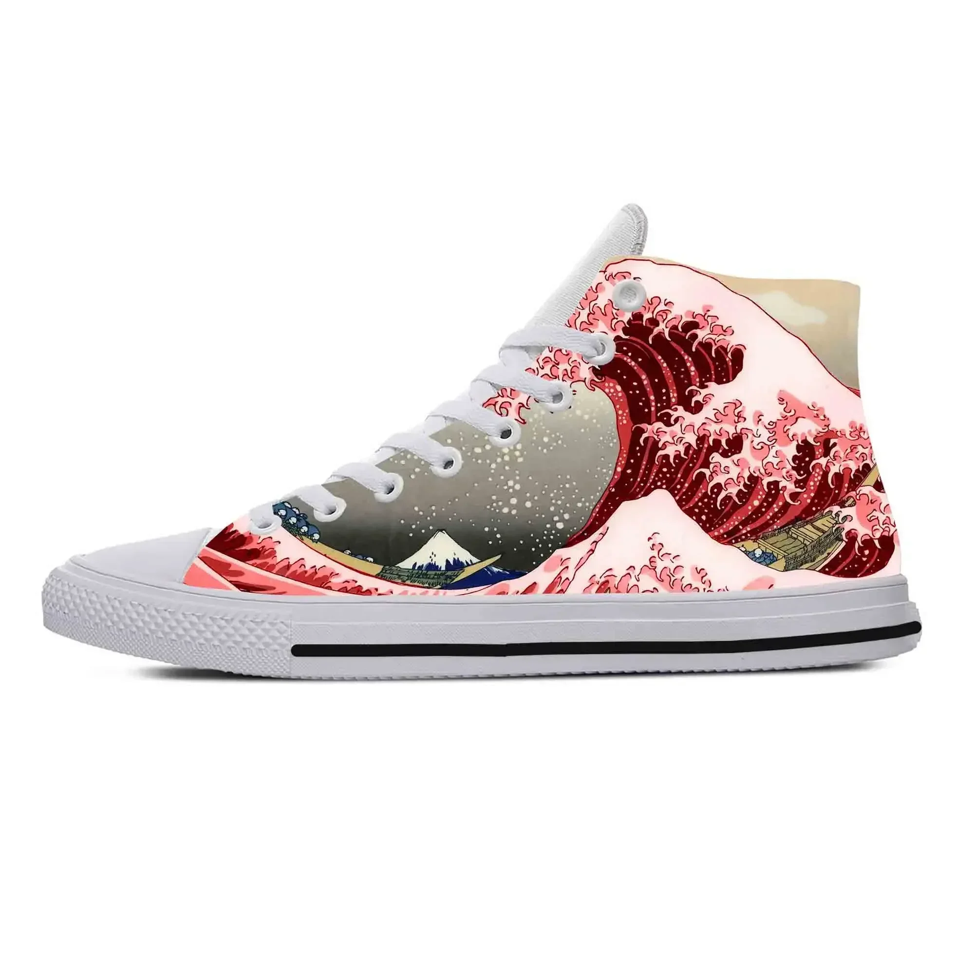 Zapatos de tela informales con estampado de dibujos animados japoneses de Great Wave Off Kanagawa, zapatillas altas cómodas y transpirables con estampado 3D para hombres y mujeres